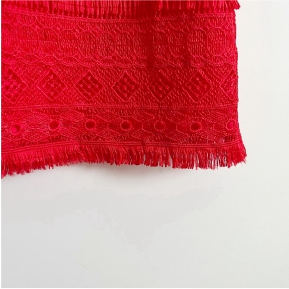 J. Crew Factory mini skirt red fringe lace geometric zipper tiered - Picture 4 of 7